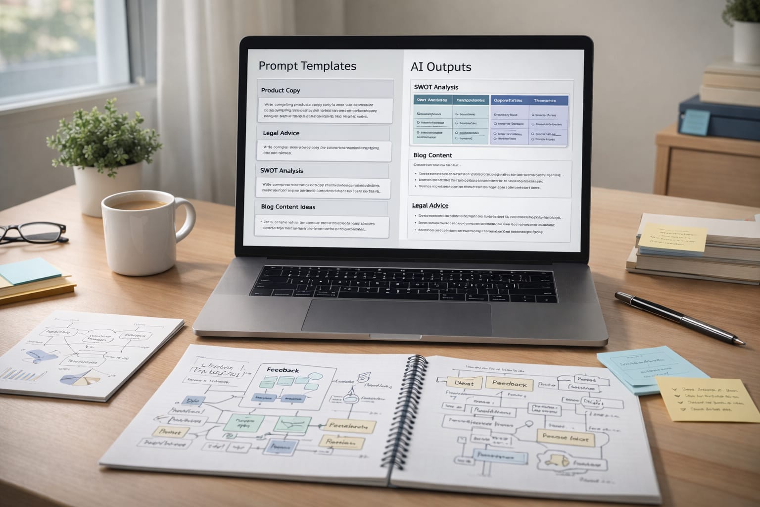 Laptop showing AI prompt templates and workflows in a practical work setting