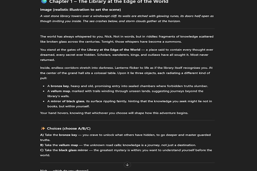 Example of a first chapter of a personalized AI adventure game