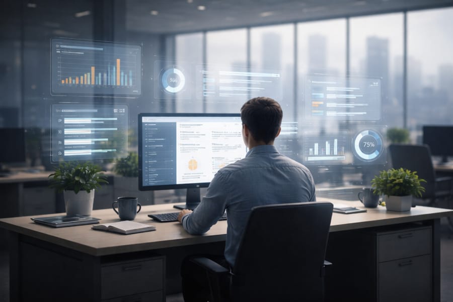 An office worker sits quietly while productivity metrics and optimisation data surround their workspace.