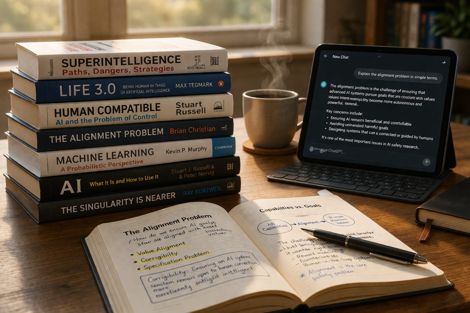 Stack of AI-related books on a desk beside a laptop showing an AI interface, representing AI book reviews and analysis.