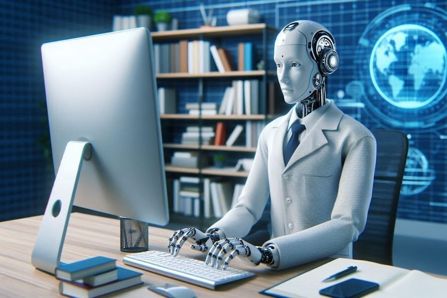 Articles on AI and current events created with the help of AI. A android is sat at a office table creating interesting articles relating to how AI can be used