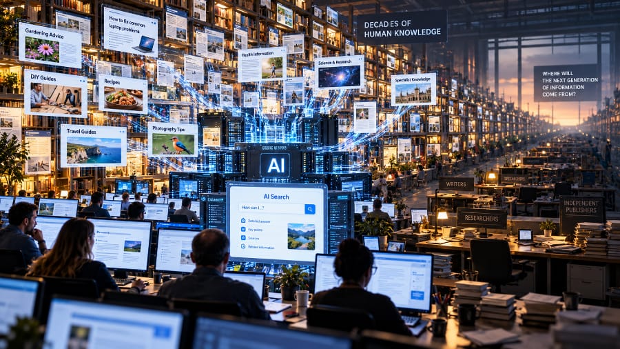 AI answering questions from a vast collection of existing web knowledge while fewer people appear to be creating new information.