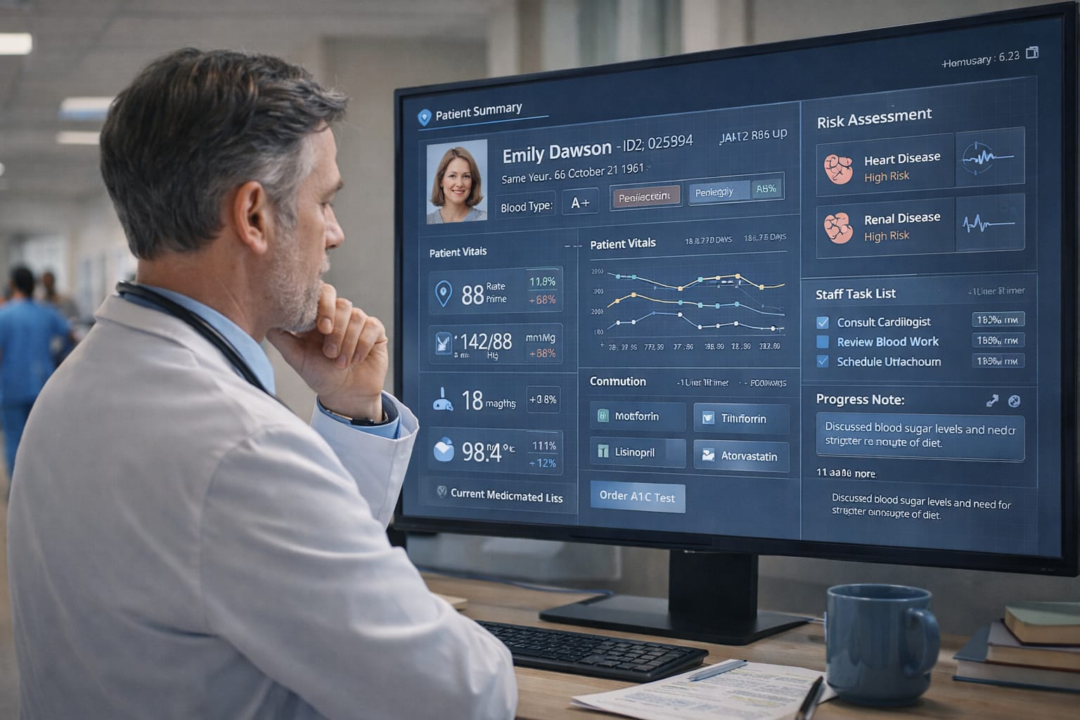 Doctor using AI-assisted analysis in a modern clinical environment