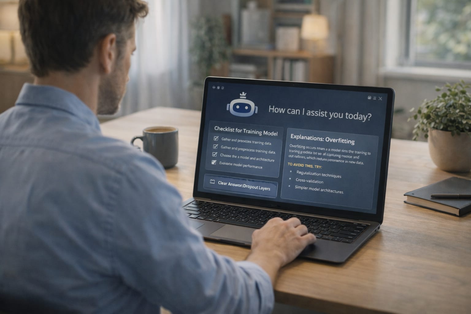 Person reading structured AI guidance on a laptop in a calm workspace