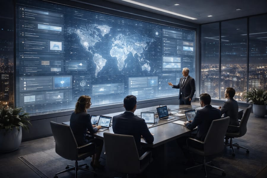 Officials in a secure control room study filtered global data feeds displayed across vast screens.