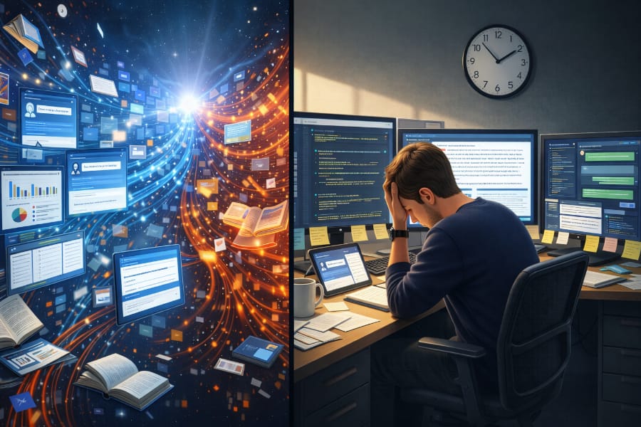 Illustration showing the contrast between infinite AI-generated knowledge and limited human time.