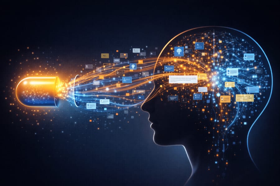 Conceptual illustration showing AI acting like the Limitless pill, dramatically expanding knowledge while risking cognitive overload.