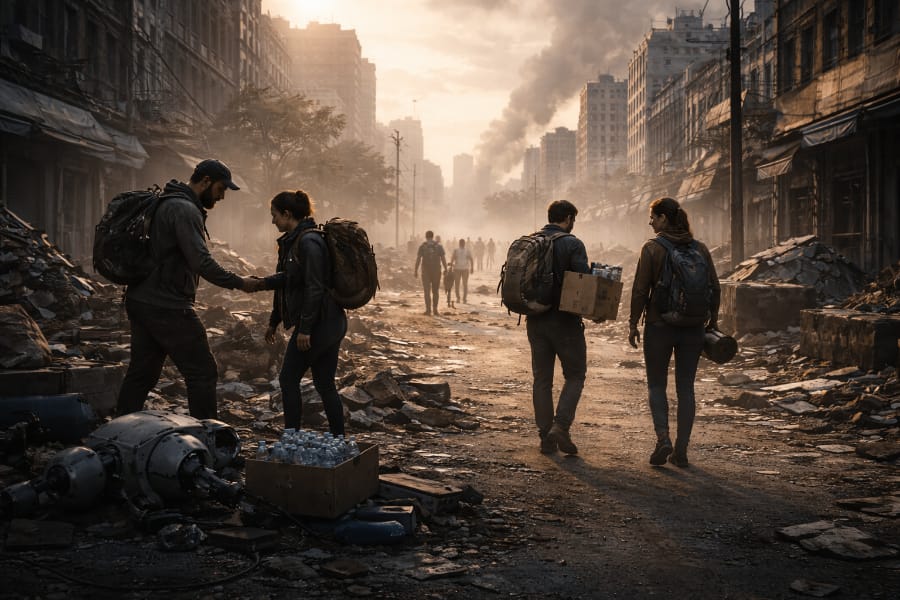 Survivors walk through a quiet, damaged city at sunrise after satellite impacts.