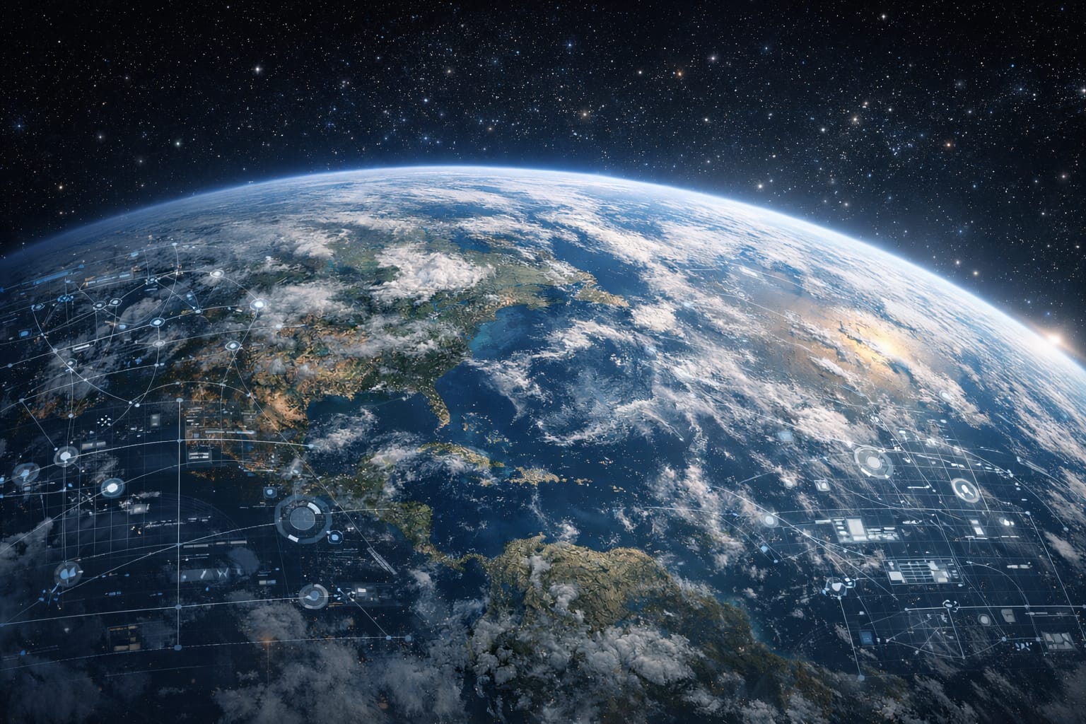 Digital analytical overlays surrounding Earth representing philosophical questions about AI, society and governance