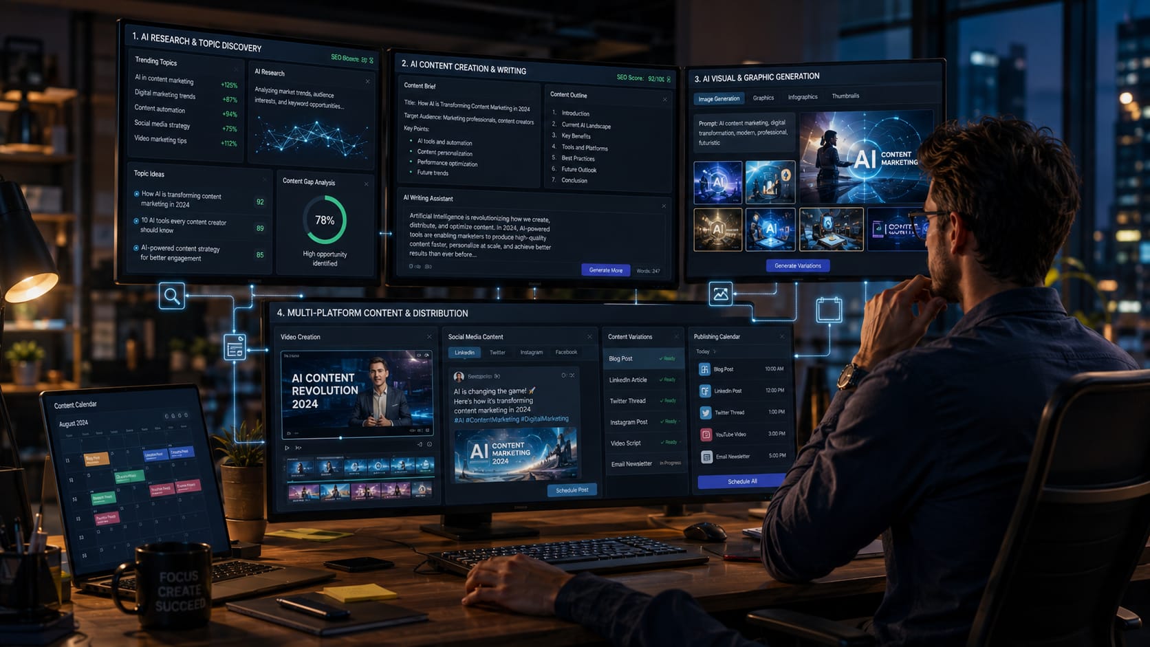 Business professional using AI tools to create articles, social media content, images, videos, and marketing materials from a single content strategy.
