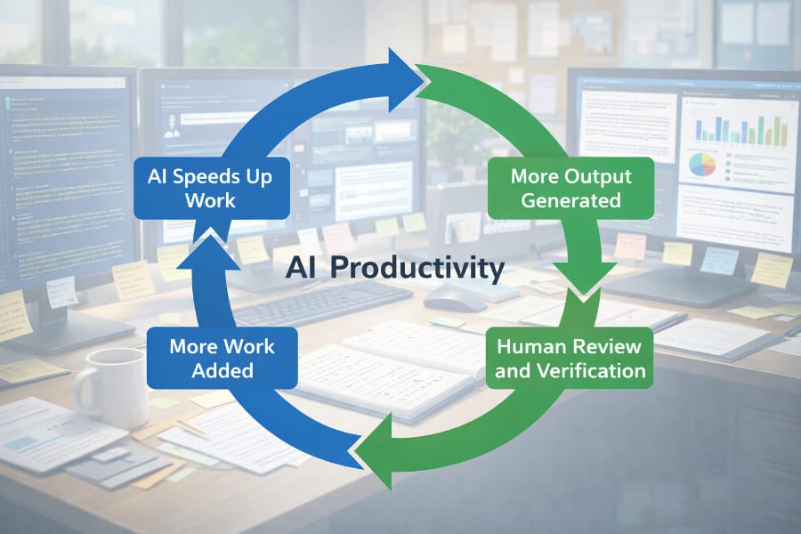 Diagram showing the productivity loop created by AI tools where faster output can lead to increased workload.