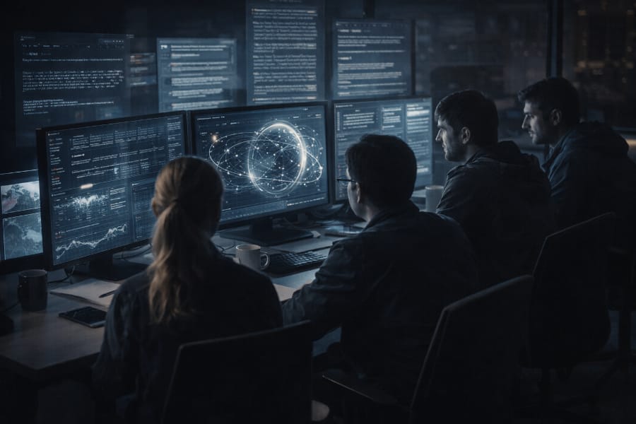 A group of cyber activists study satellite trajectories and encrypted discussions in a dark room.