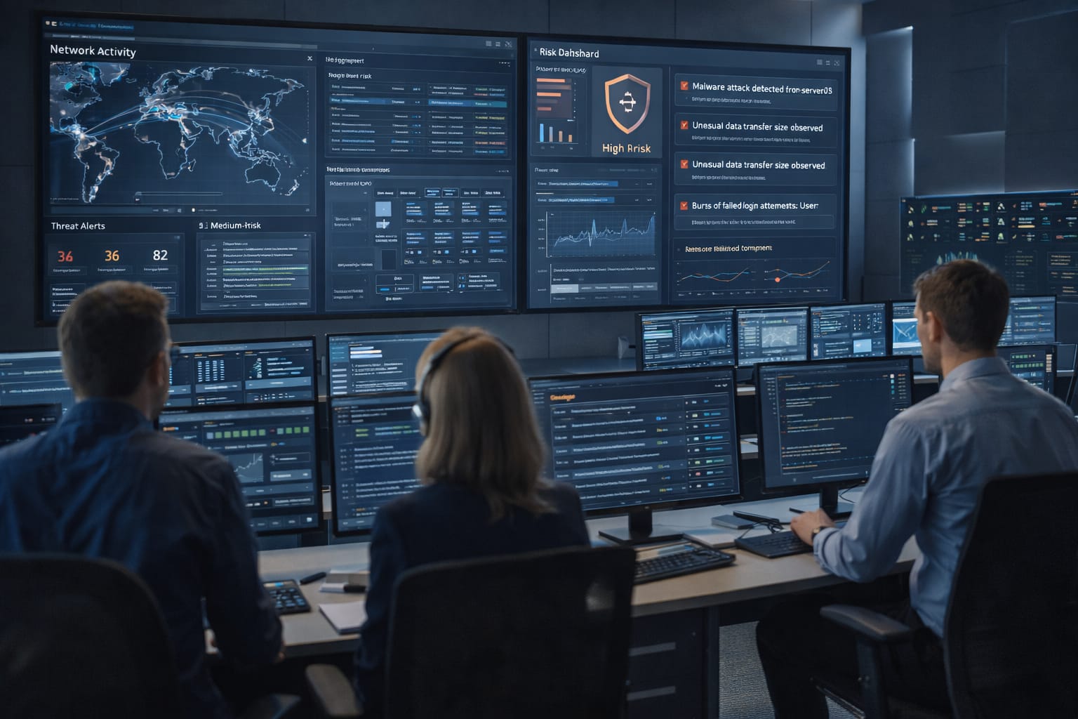 Security analysts monitoring AI-assisted threat detection systems