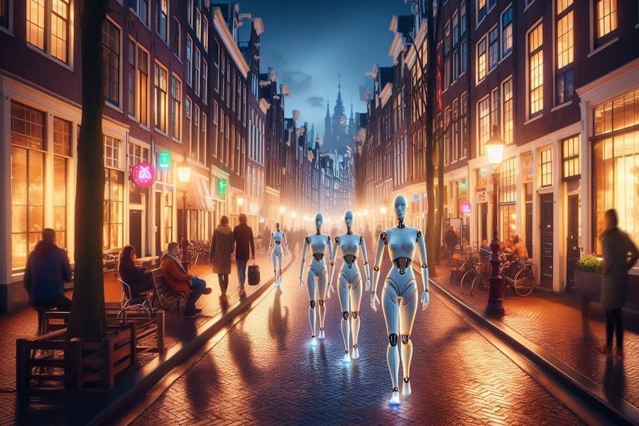 A busy redlight district with Androids as the workers