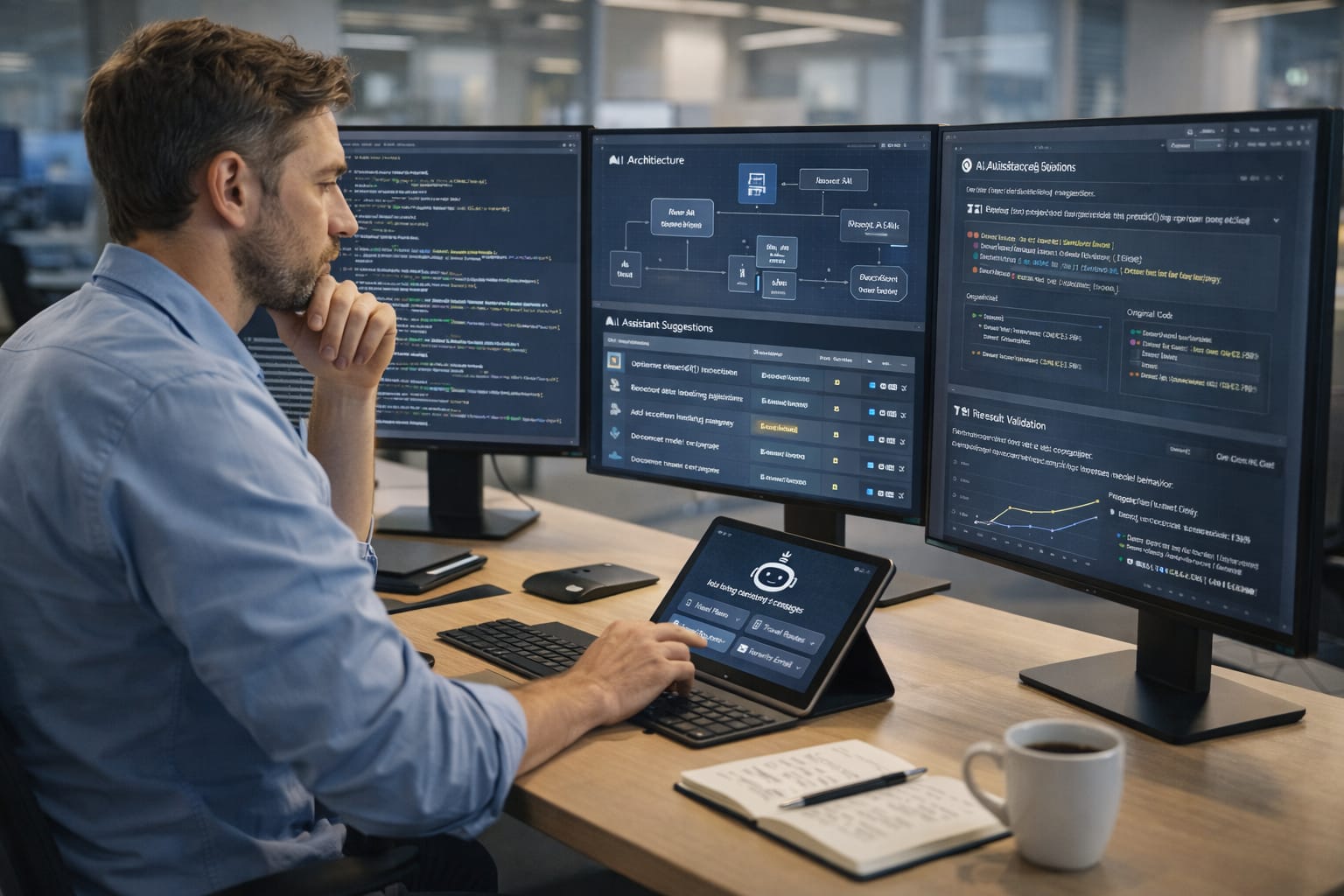 Developer reviewing AI-assisted code on multiple monitors