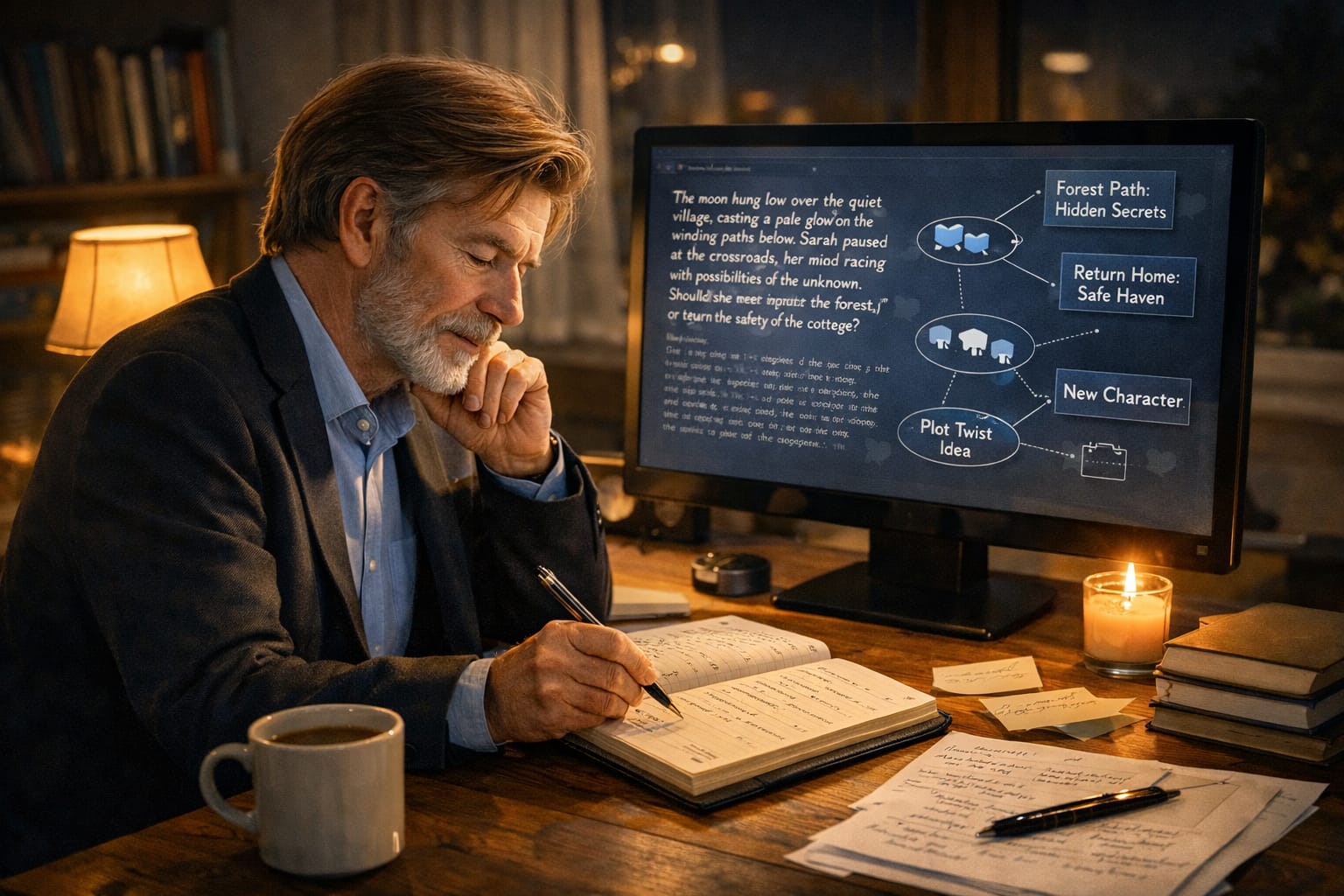 Writer collaborating with AI to develop a story at a desk