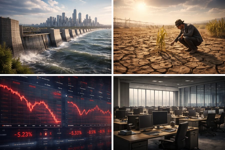 A city saved by flood barriers contrasts with drought farmland, falling markets and empty workplaces.