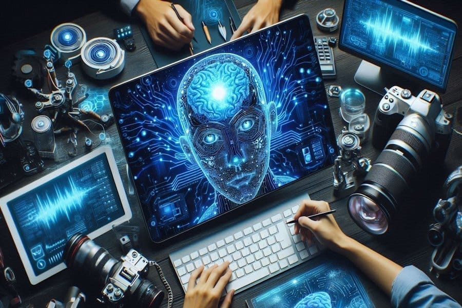 A person using a laptop with a camera and another screen as they pick youtube news videos to add to their website