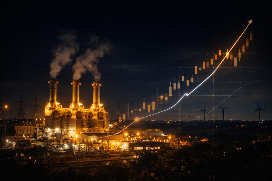 Gas power station and wind turbines showing link between fossil fuels and electricity prices