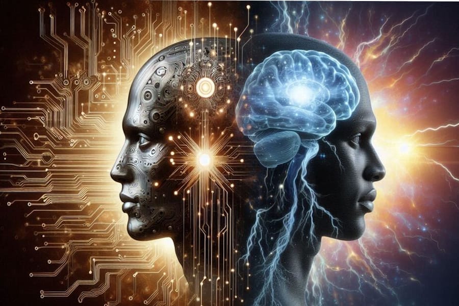 a human and artificial head side by side as we explore how AI can be improved