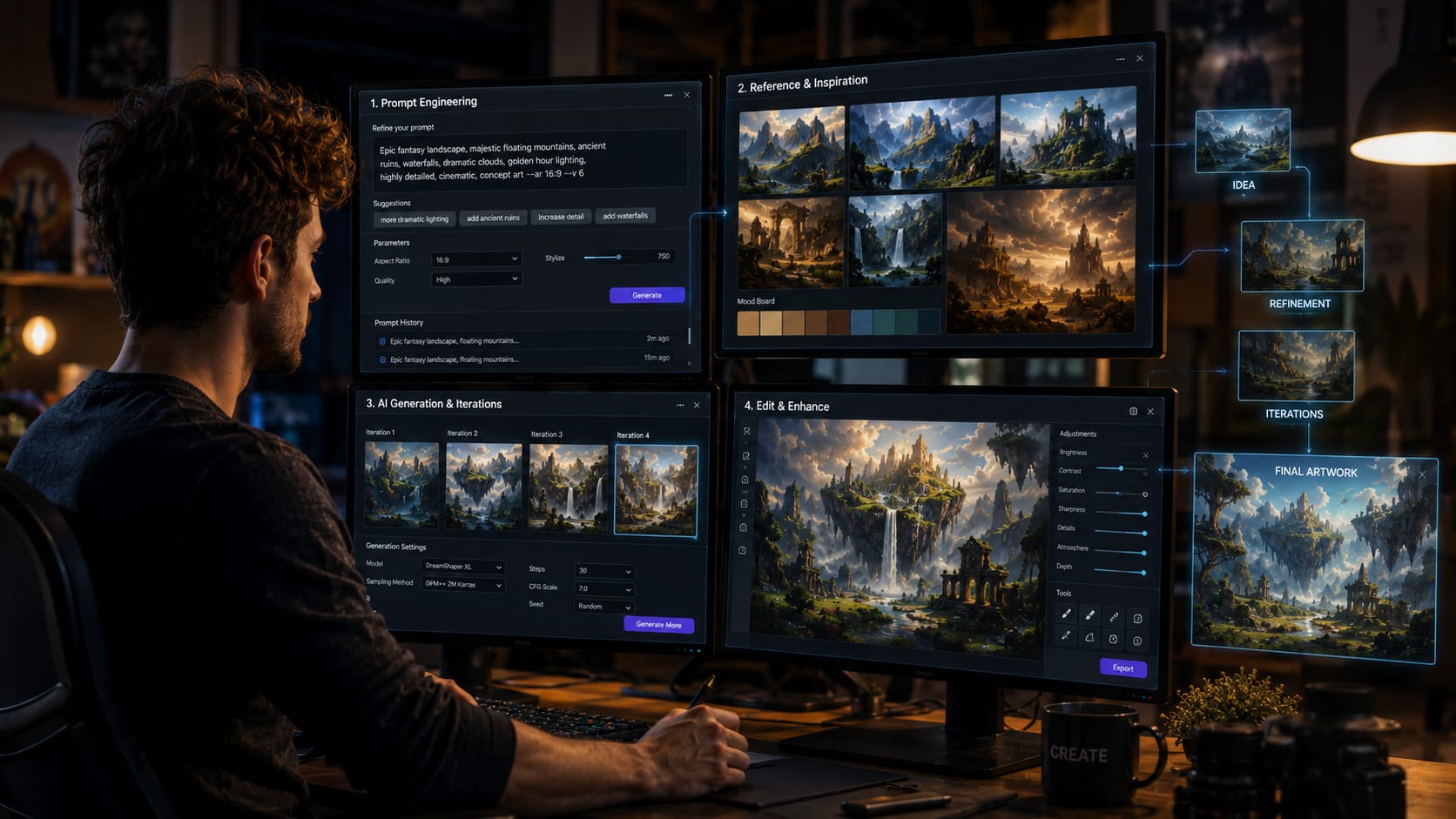 Creative professional using AI image generation software with prompts, reference images, and editing tools to create high-quality digital artwork.