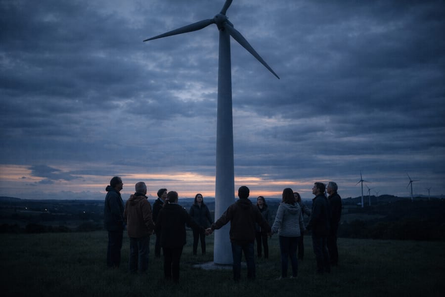 A group of people with candles are stood around a wind turbine hoping the wind will blow