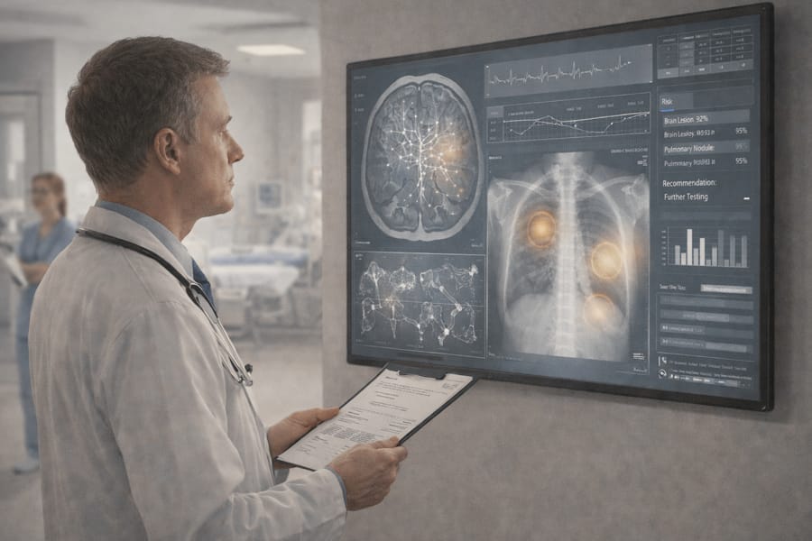 Artificial intelligence assisting doctors with medical diagnostics and patient data analysis in a modern hospital setting