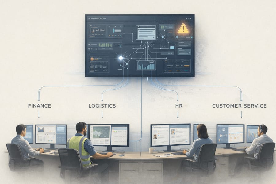 Illustration showing multiple business departments relying on a single central AI system, highlighting how one failure can affect the entire organisation.