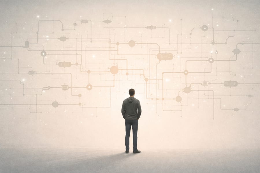 Abstract illustration representing systems, technology, and human reflection