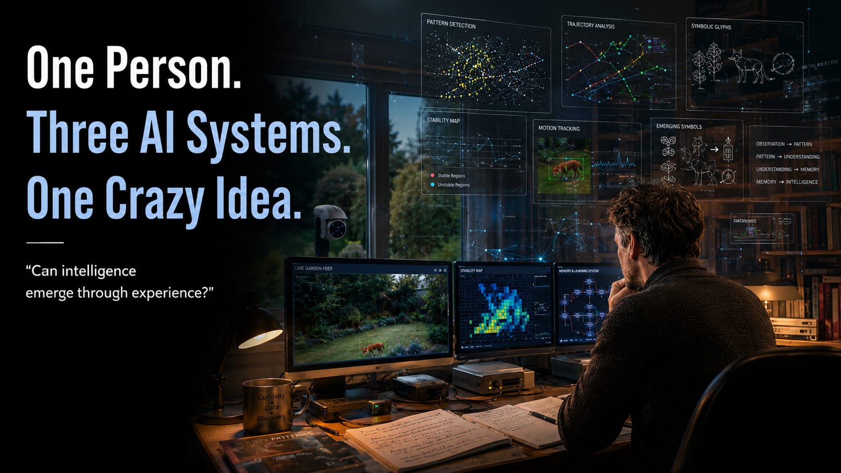 Researcher developing the PFVME artificial intelligence project using three computers and a surveillance camera to study intelligence through observation and experience.