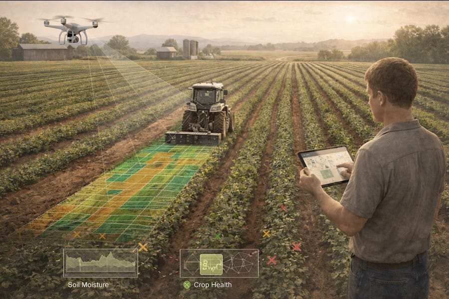 Autonomous tractor and drone using narrow AI to analyse crops, soil conditions, and field data in modern agriculture.