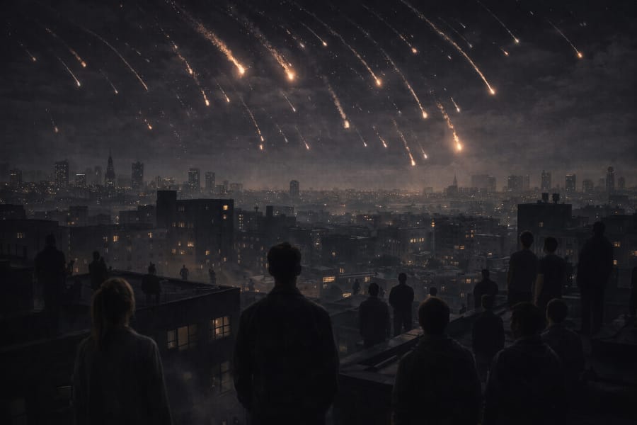People watch as burning satellites streak across the night sky above a darkening city.