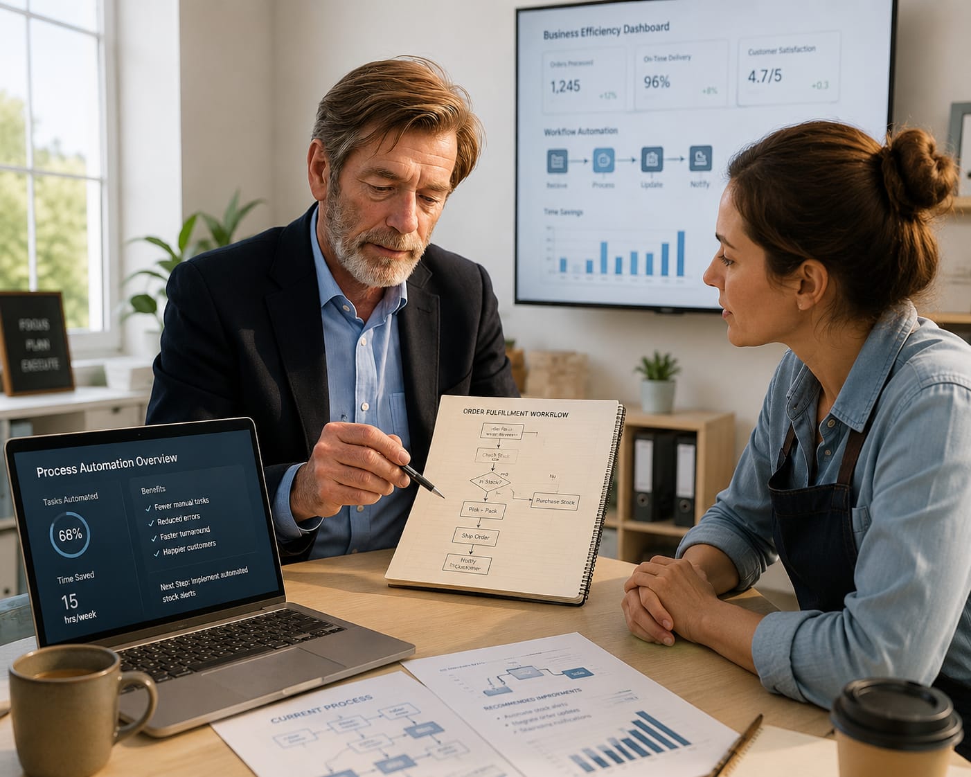 Business consultant meeting with a small business owner to assess AI opportunities and improve operational efficiency in Surrey.