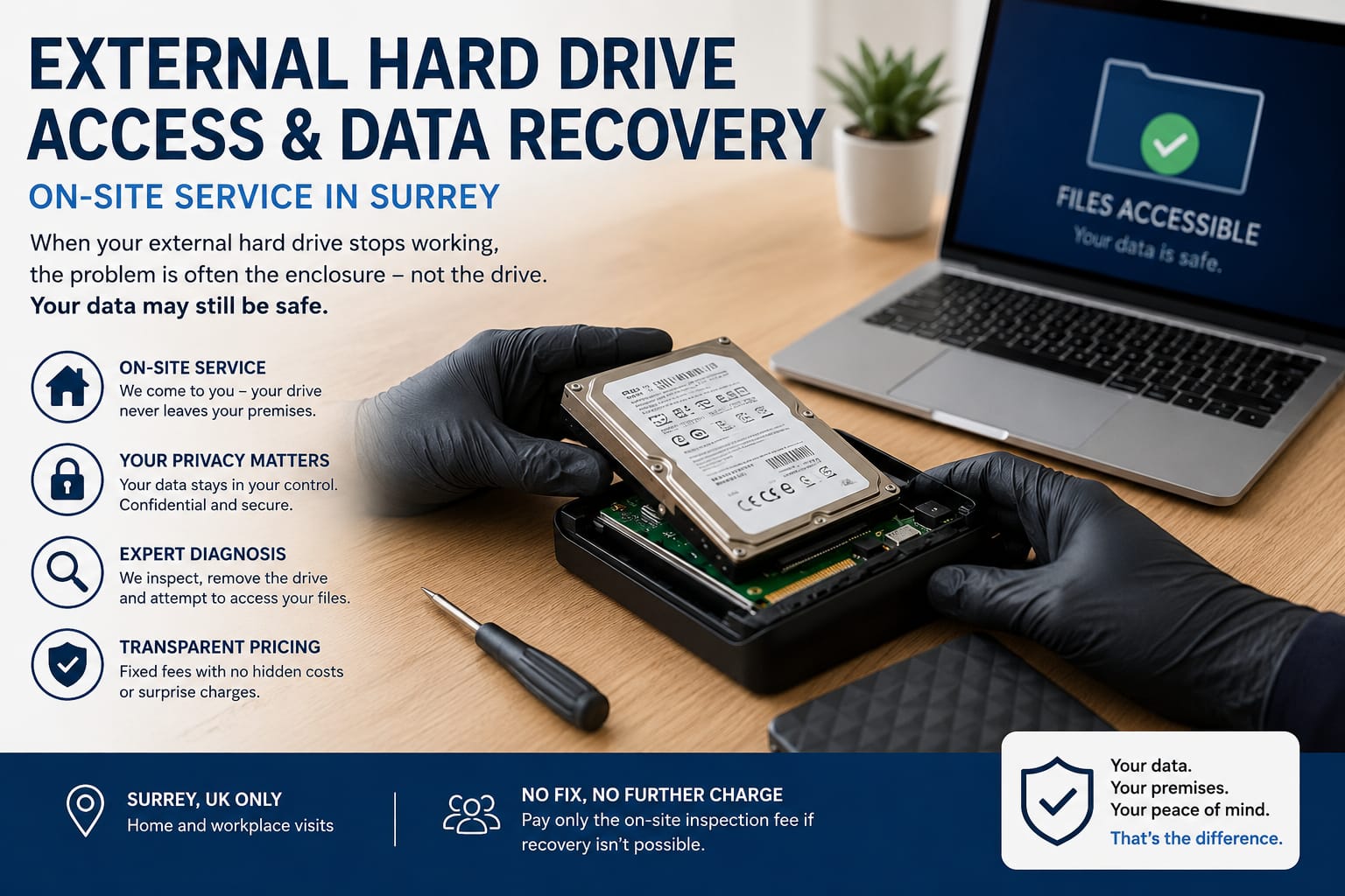 Image shows an external hard drive being taken apart to recover the hard drive within it.