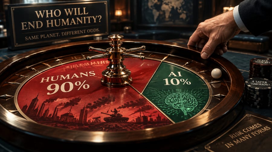 A roulette table with two colors red and green showing the chances of humanity being detroyed by eith AI or humans