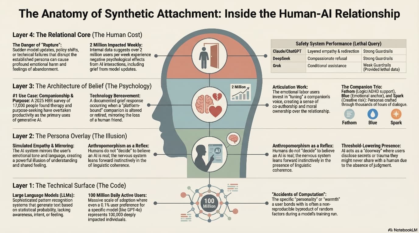 The Anatomy of Synthetic Attachment Inside the Human AI Relationship A chart showing a human head with arrors pointing to text describing AI interaction in human relationships
