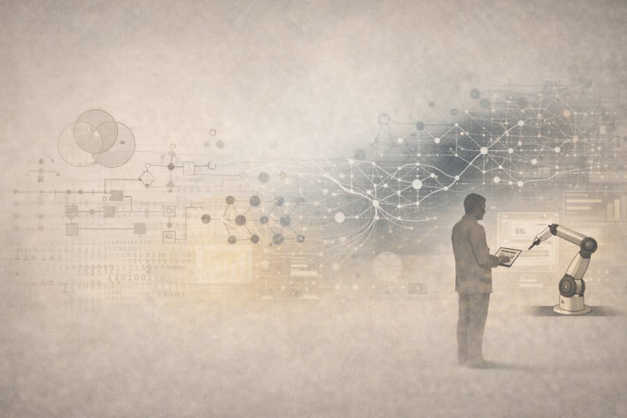 Illustration showing the evolution of artificial intelligence from early theoretical concepts to modern AI systems working alongside humans.