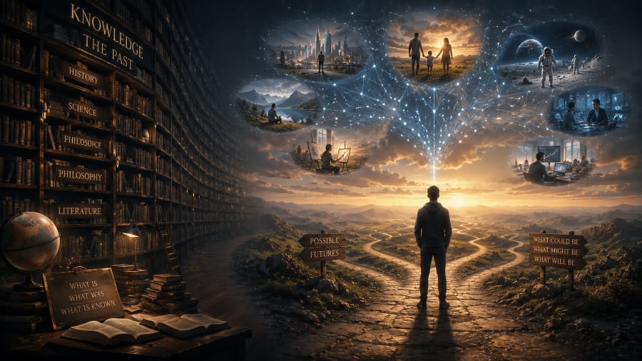 Left side of image Ancient books, documents, and historical records representing knowledge and memory. right side of image A human brain projecting multiple translucent future scenarios and pathways into the distance.