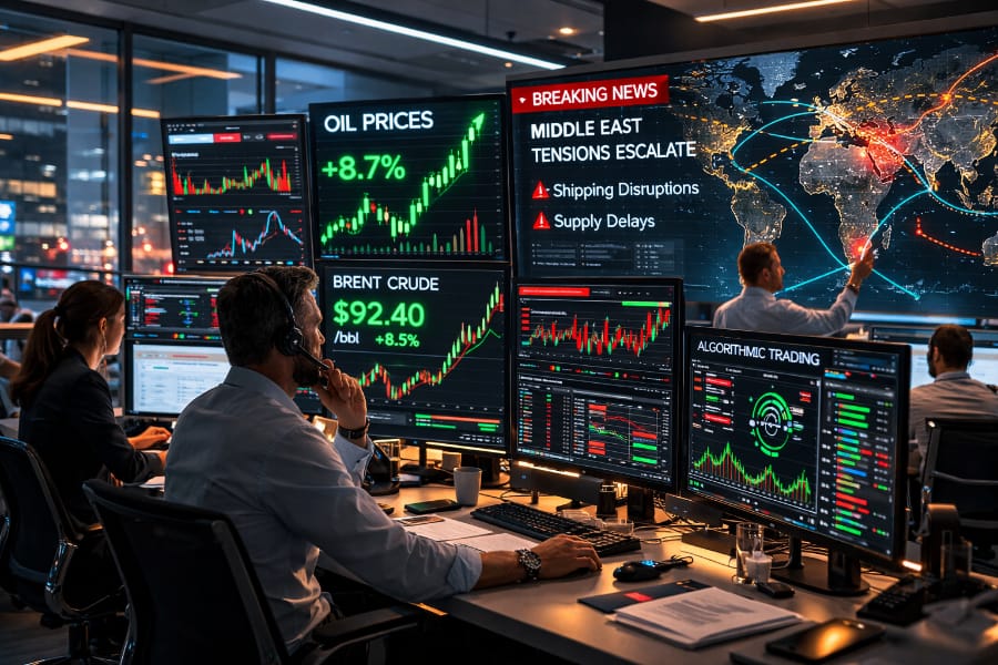2 people sat looking at trading screens controlled by AI