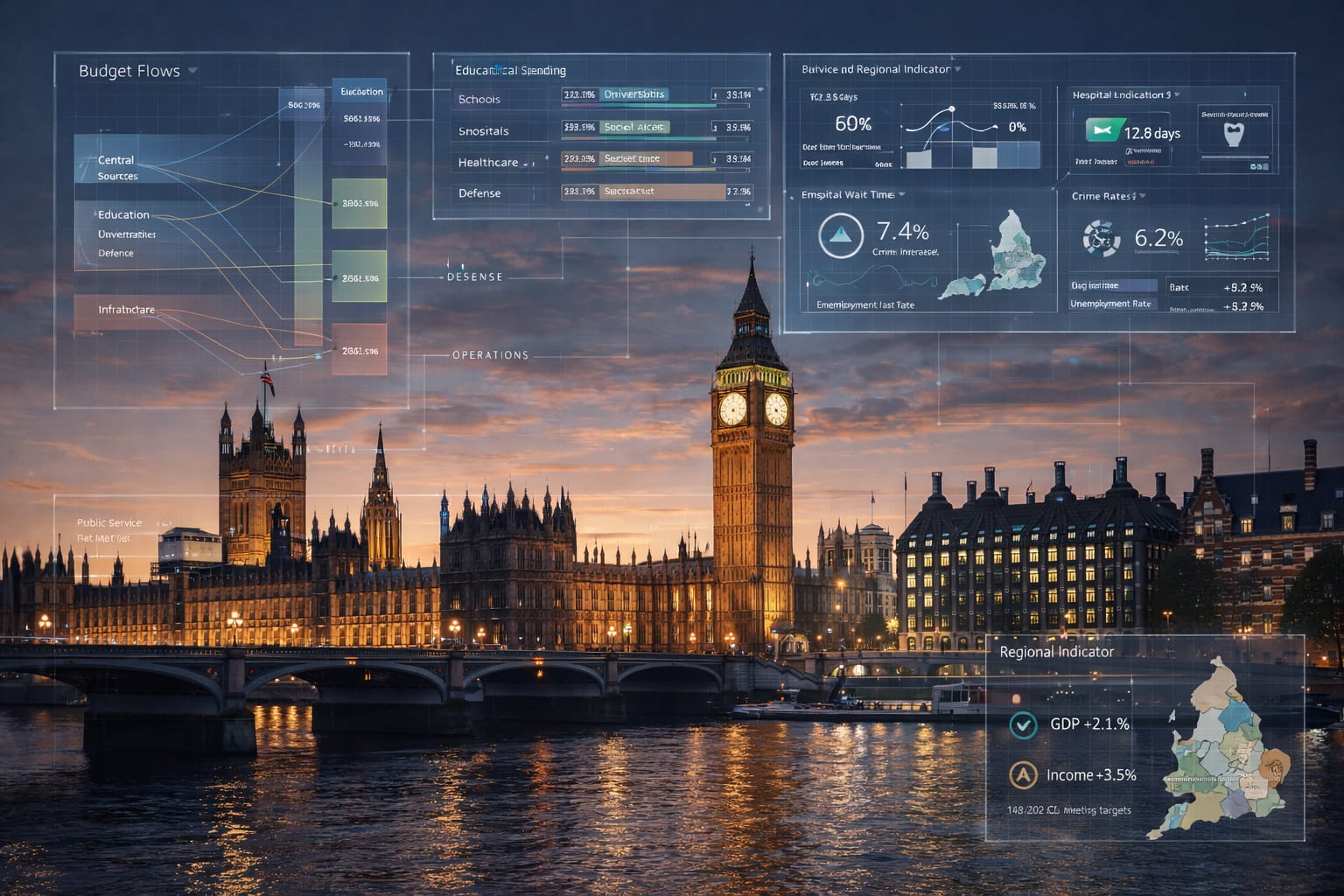 Data overlays surrounding the Palace of Westminster representing AI policy analysis