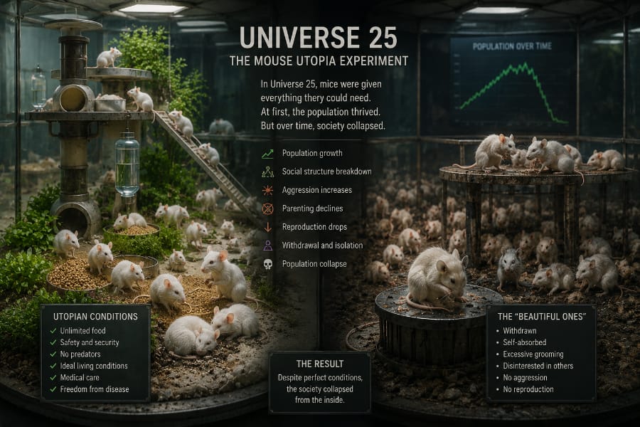 A split-scene illustration of the Universe 25 mouse experiment showing a thriving mouse utopia on one side and social collapse and isolation on the other.
