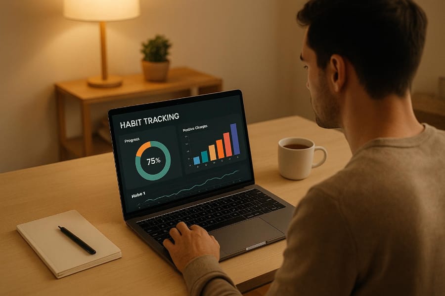 A man is sat at a table looking at a laptop which has a graphical breakdown of his habits
