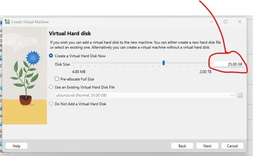 Setup virtual disk size