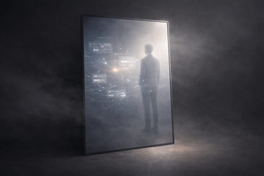 Conceptual illustration of a mirror reflecting a digital network instead of a human figure, symbolising how human influence is obscured within AI systems.