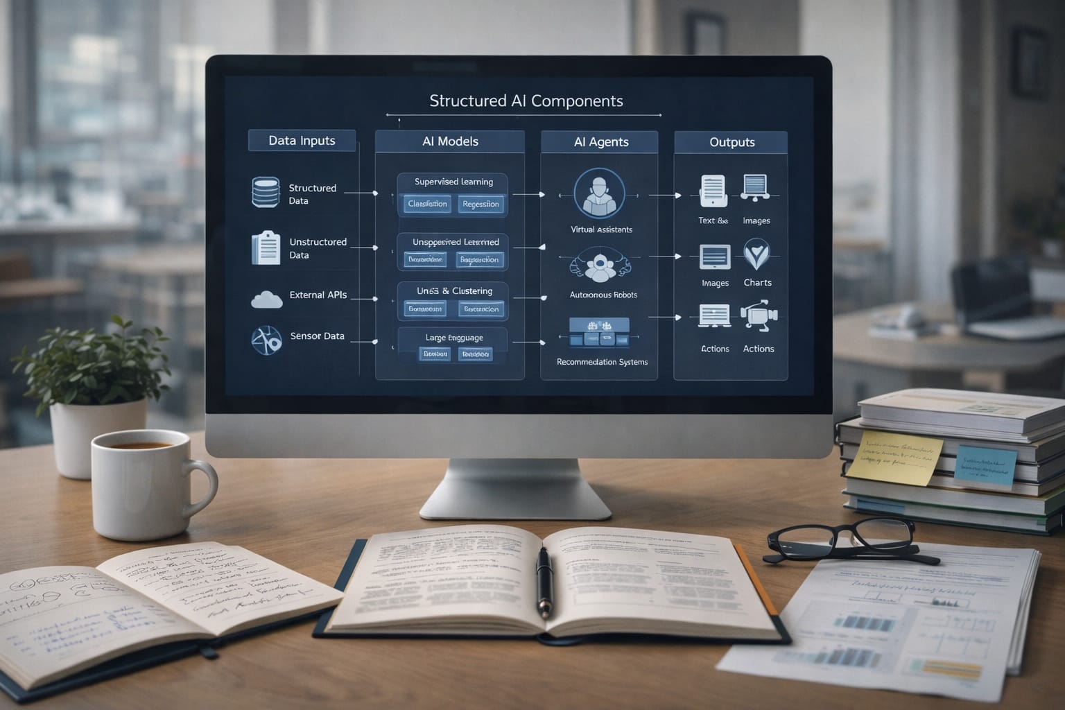 Diagram explaining AI models and agents on a computer screen