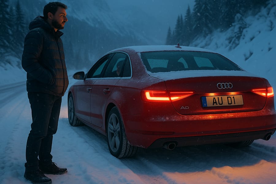 Man stood next to Audi in Snowy Mountains