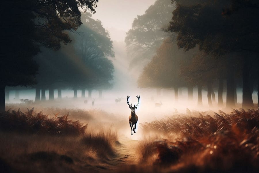 Stag running in a woods on an autumn day