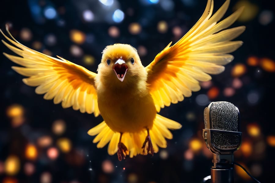 Yellow Canary landing next to microphone